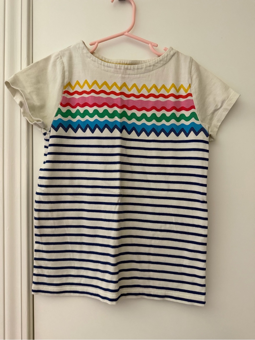 Boden White Tee with Rainbow Zigzag and Navy Stripes